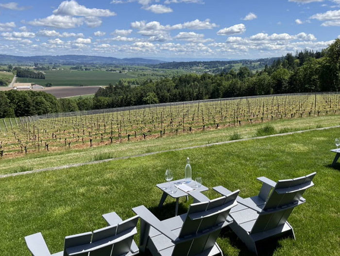 Inviting view of Willamette Valley with empty Adirondack chairs overlooking vast wine country valley